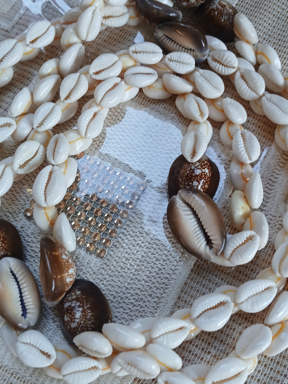 Vintage Natural Shell Cowrie Long Necklace - White and Brown